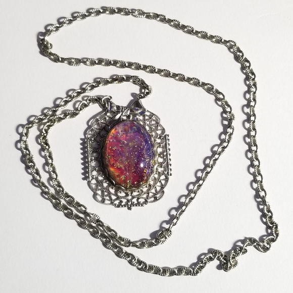 Relisted -Vintage glass dragon breath faux opal Art Deco silver tone bow - Picture 11 of 16